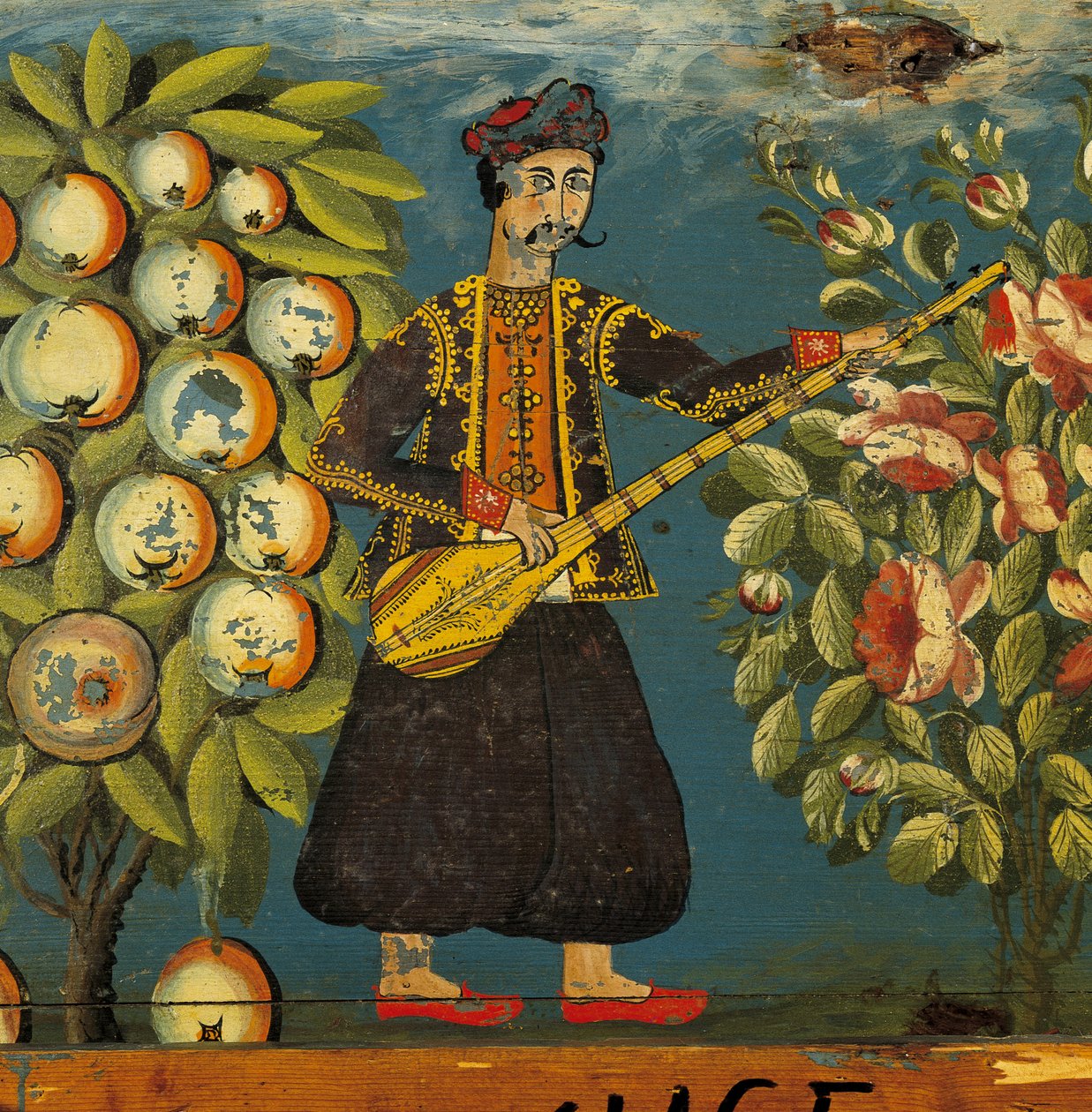 Dettaglio di un musicista da un baule, da Mitilene, Lesbo, XVIII-XIX secolo (tempera all