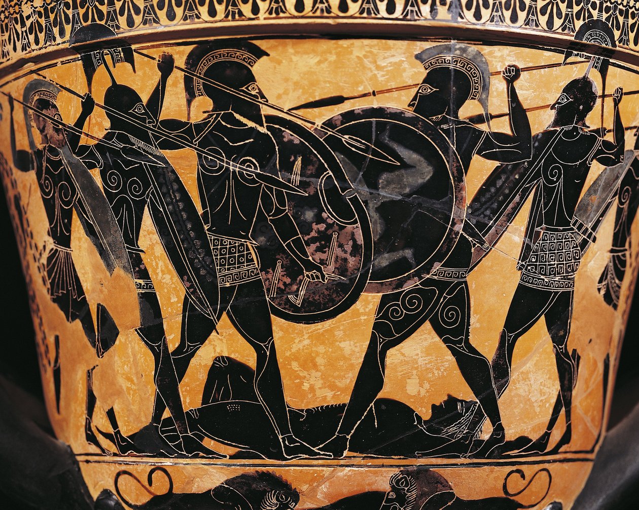 Civiltà greca, ceramica a figure nere, cratere che raffigura la lotta per il corpo di Patroclo, da Farsala, Grecia da Greek School