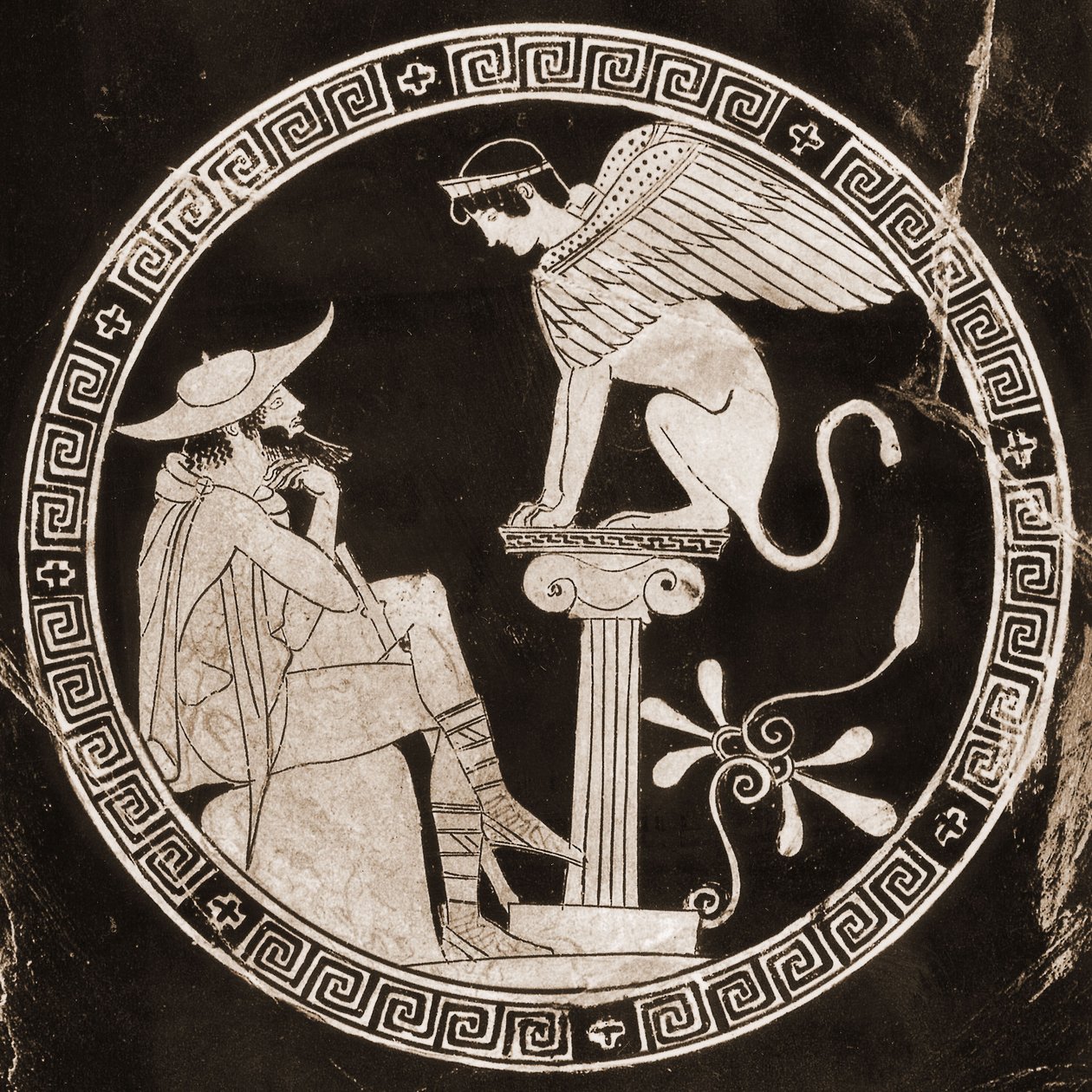 Edipo risponde alle domande della sfinge a Tebe, V secolo a.C. da Greek School