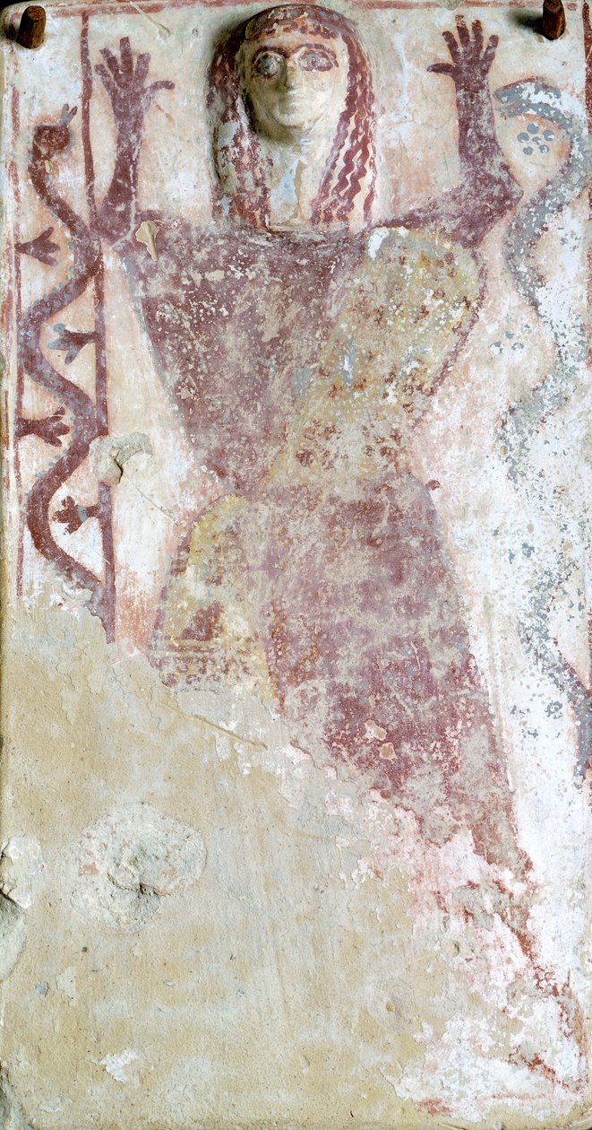 Pittura policroma su pinax e rilievo raffigurante una divinità femminile con serpente dall