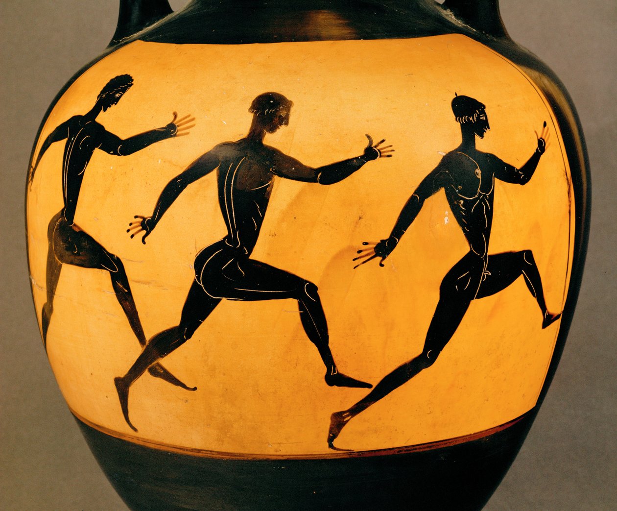 Tre partecipanti a una gara podistica ai Giochi Panatenaici, VI secolo a.C. (ceramica) da Greek School