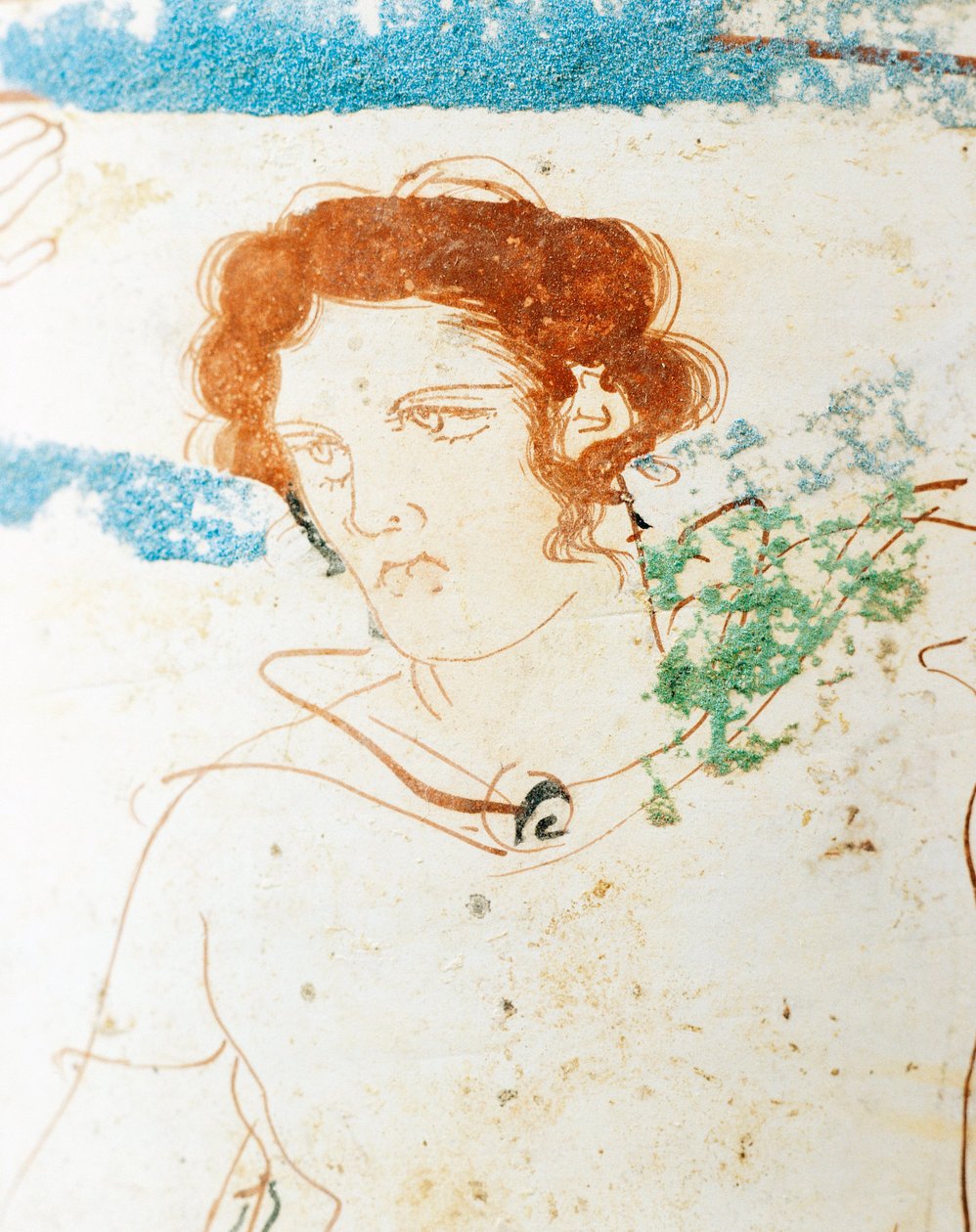 Ceramica a fondo bianco, lekythos attica raffigurante scena funeraria con guerriero davanti alla tomba (dettaglio) da Greek School