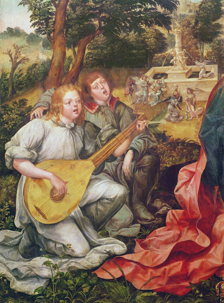 Vergine e Bambino con Angeli, dettaglio di Angeli Musicisti, 1536-38 da Gregorio Lopez
