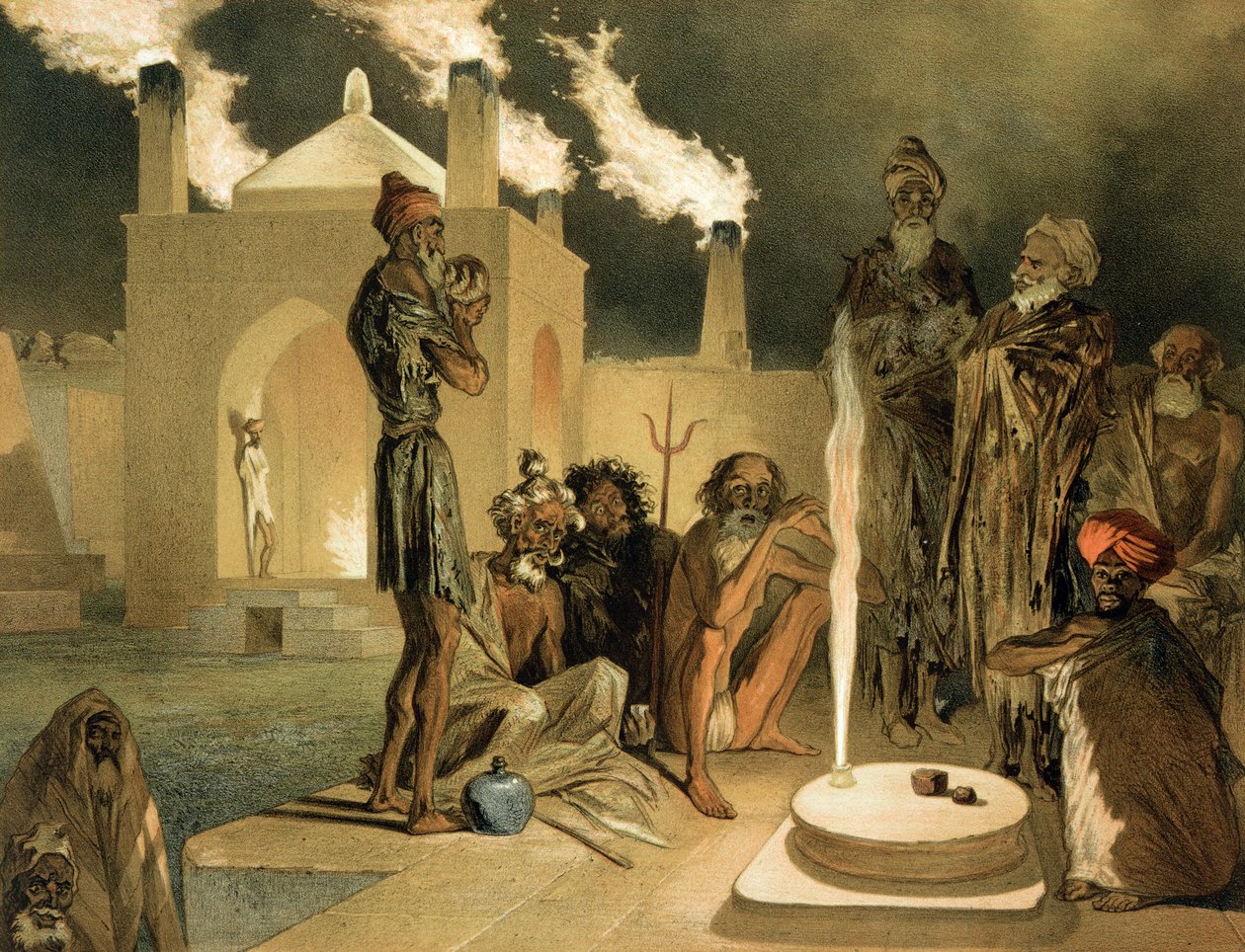 Ateseh-Gah, Indiani Devoti al Culto del Fuoco, Baku, tavola 44 da un libro sul Caucaso, inciso da Leroux, pub. da Alfred Leon Lemercier, 1847 da Grigori Grigorevich Gagarin