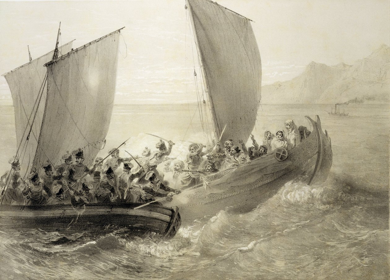 Cosacchi di Azov che abbordano un corsaro turco pieno di donne Cherkessk sulla costa del Mar Nero, inciso da Adolphe Bayot e Leon Sabatier, pub. da Alfred Leon Lemercier, 1847 da Grigori Grigorevich Gagarin