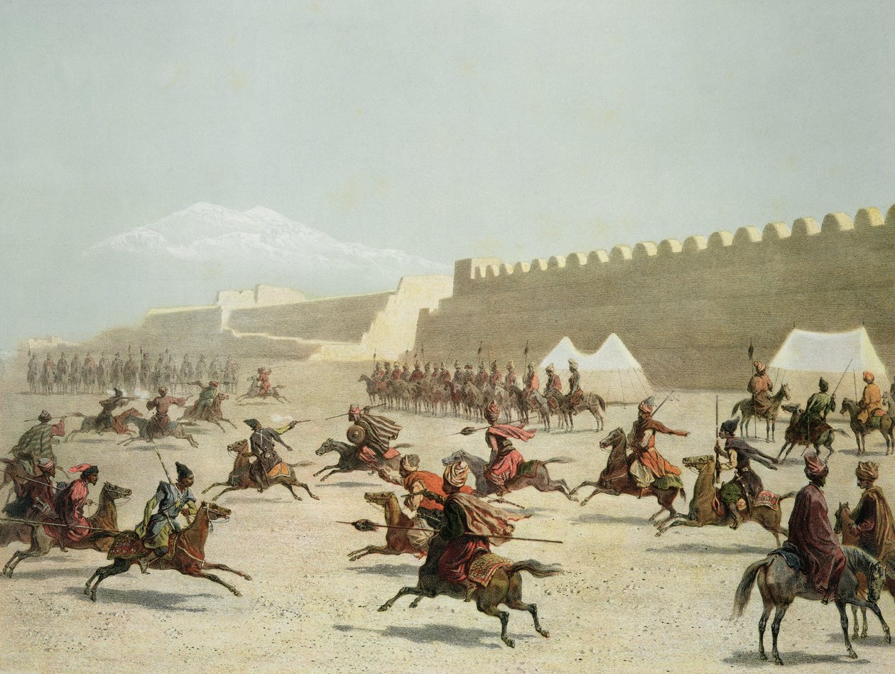 Guerrieri curdi e tatari a Sadar Abbat, Armenia, tavola 15 da un libro sul Caucaso, Rayot e Jacottet, pubblicato da Alfred Leon Lemercier, Parigi, 1847 da Grigori Grigorevich Gagarin