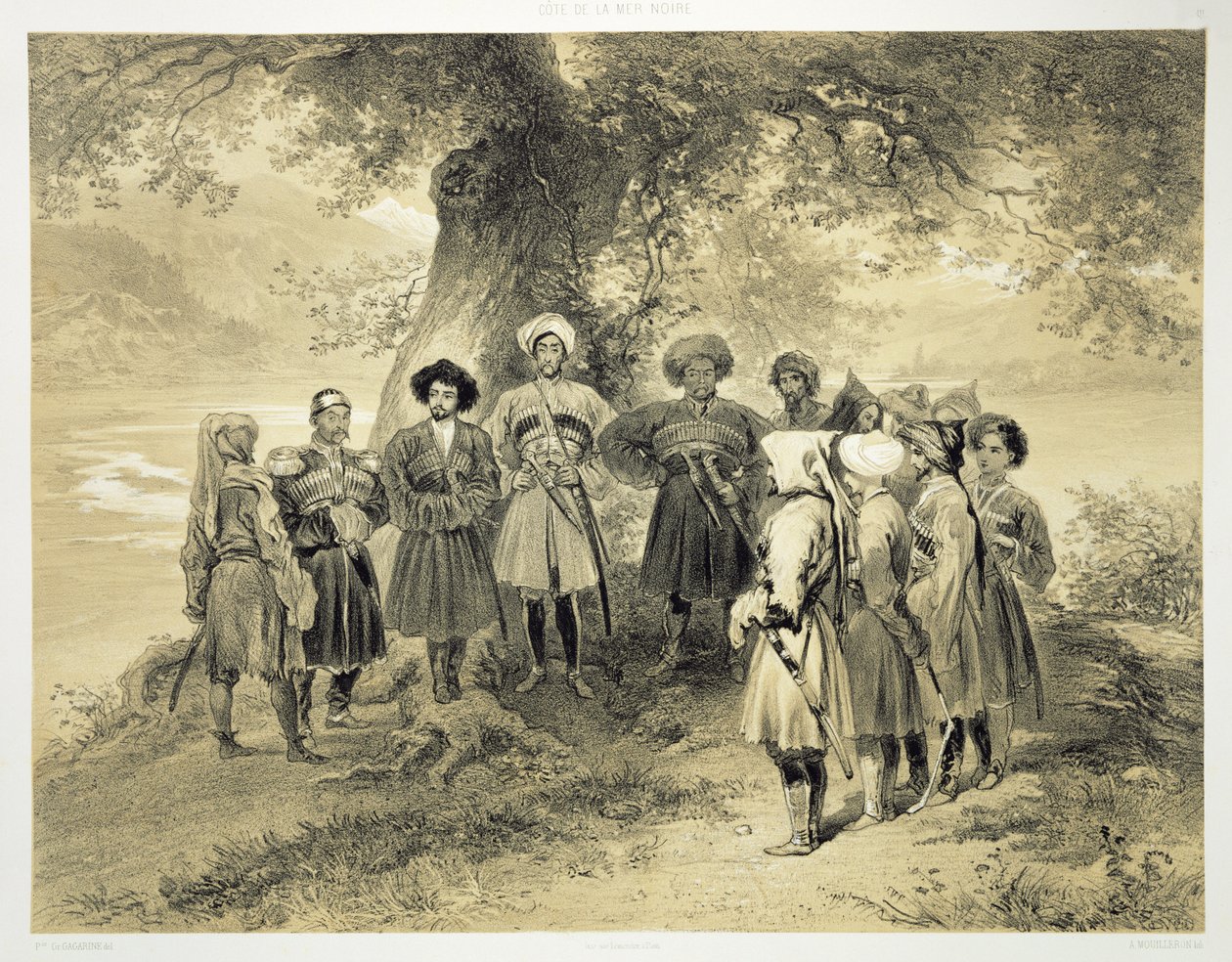 Riunione dei Principi Tcherkesse, Valle di Sodja, sul Mar Nero, tavola 3 da un libro sul Caucaso, inciso da Adolphe Mouilleron (1820-81), pubblicato da Alfred Leon Lemercier, Parigi, 1847 da Grigori Grigorevich Gagarin
