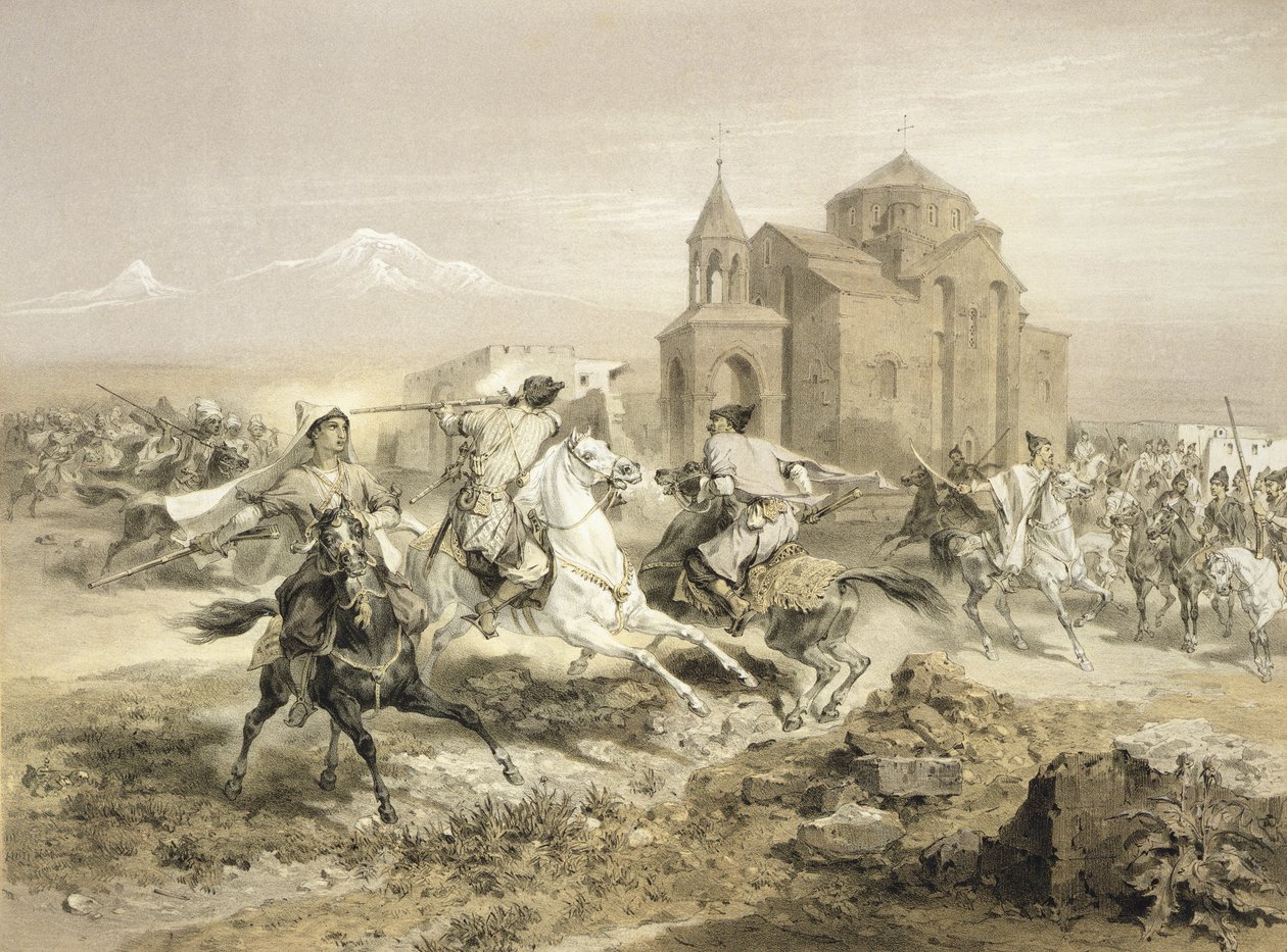 Scaramuccia tra persiani e curdi in Armenia, tavola 13 da un libro sul Caucaso, inciso da Adolphe Jean-Baptiste Bayot, pubblicato da Alfred Leon Lemercier, Parigi, 1847 da Grigori Grigorevich Gagarin