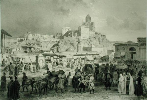 Il Bazar in Piazza Maidan, Tiflis, Georgia, tavola 25 da un libro sul Caucaso, inciso da Adolphe Jean-Baptiste Bayot (1810-66) e Eugene Ciceri (1813-90), pubblicato da Alfred Leon Lemercier, Parigi da Grigori Grigorevich (after) Gagarin