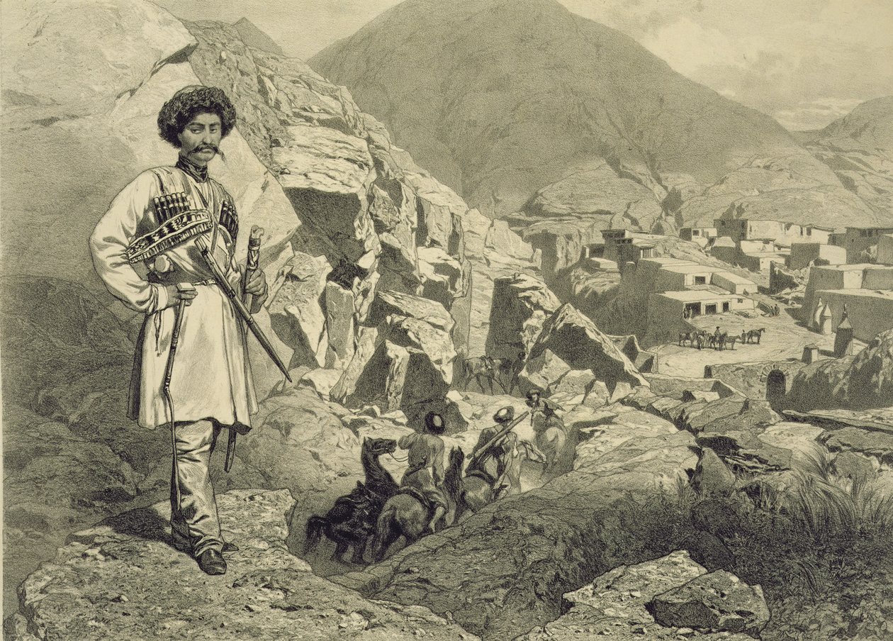 Arrivo a Tsatanykh, Daghestan, tavola 12 da un libro sul Caucaso, inciso da Jules Didier, pubblicato da Alfred Leon Lemercier, Parigi, 1847 da Grigori Grigorevich Gagarin