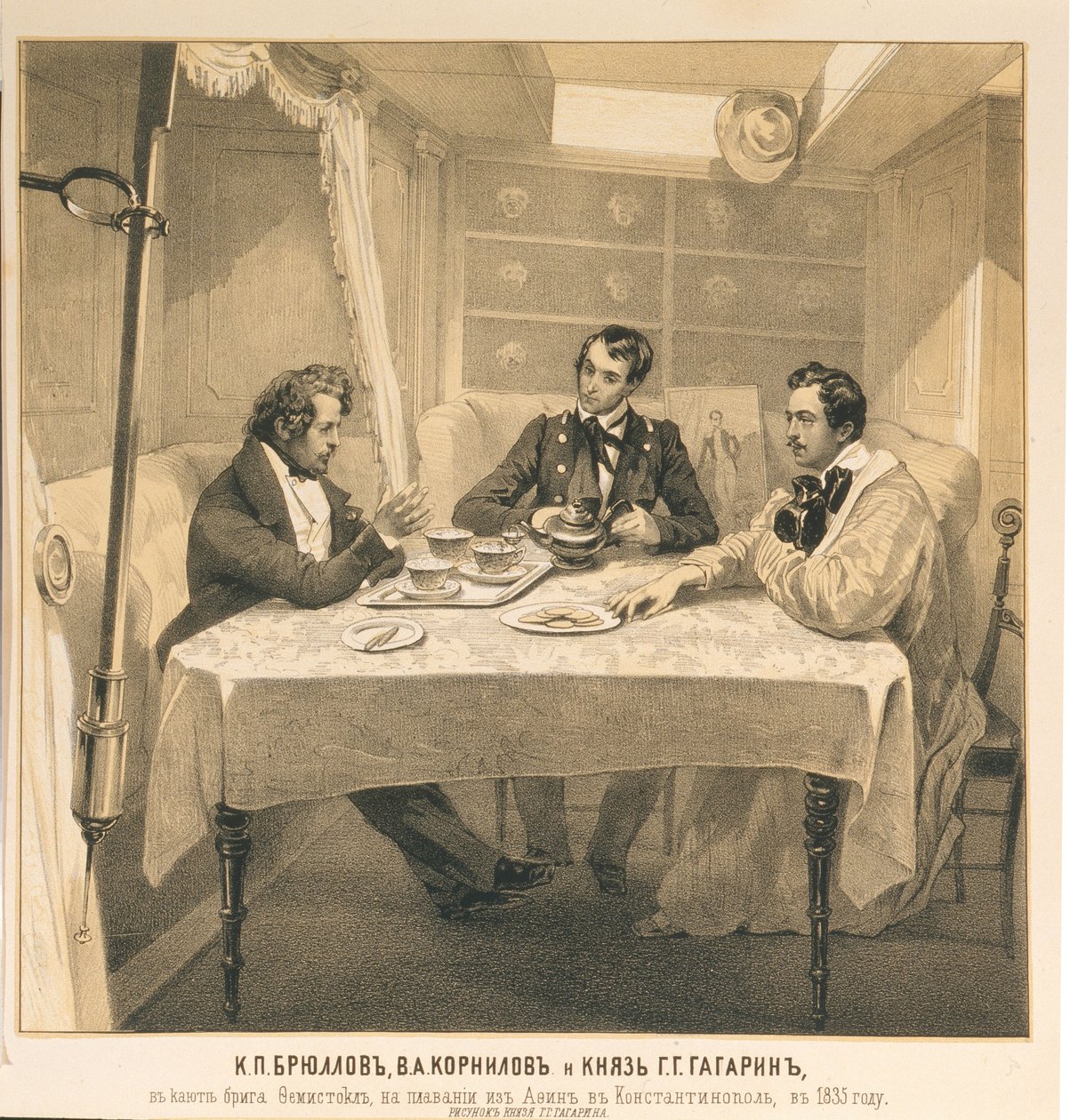 Karl Bryullov, Vladimir Kornilov e il conte Grigori Gagarin a bordo del brigantino Themistocles, 1835 da Grigori Grigorevich Gagarin