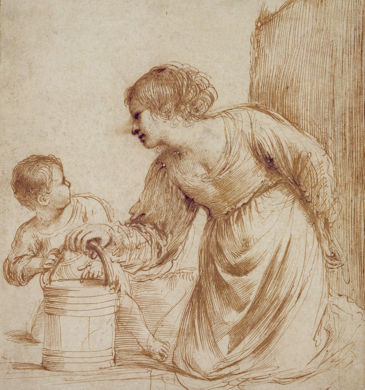 Madre e bambino con secchio da Giovanni Francesco Barbieri