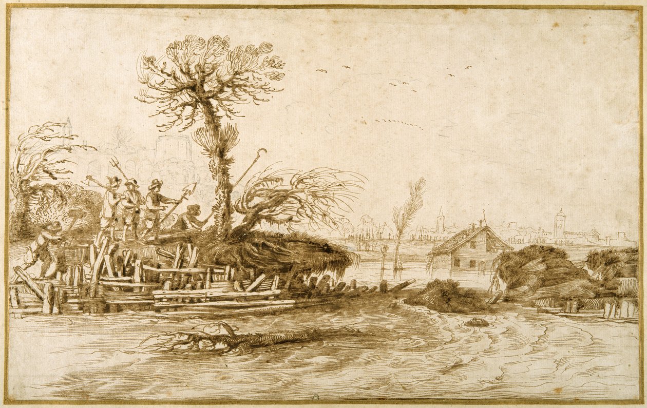 Un fiume in piena e contadini con asce e altri attrezzi da Guercino