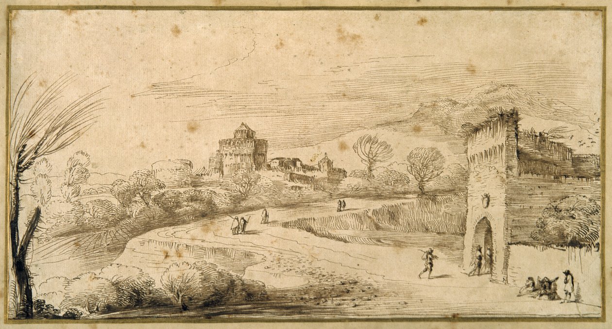 Paesaggio con una torre merlata e una strada tortuosa da Guercino