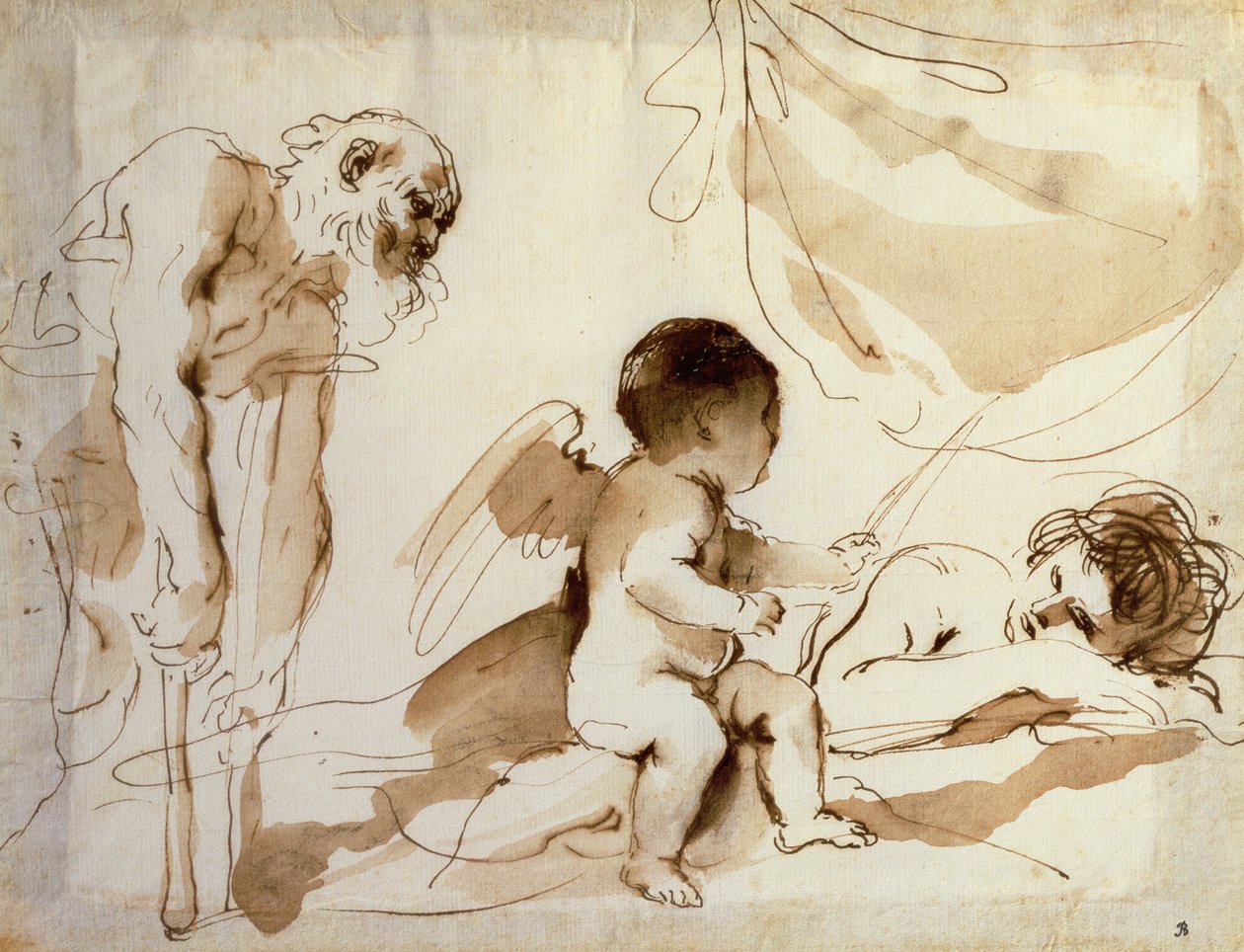Uomo con stampelle, Cupido e Venere addormentata da Guercino
