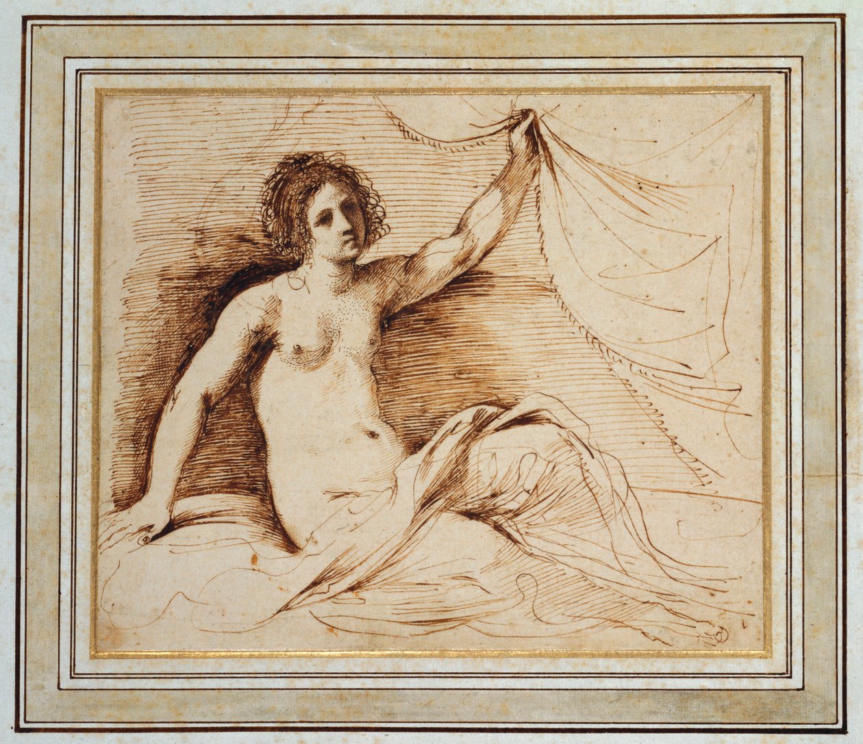 Una donna nuda reclinata che solleva una tenda da Guercino
