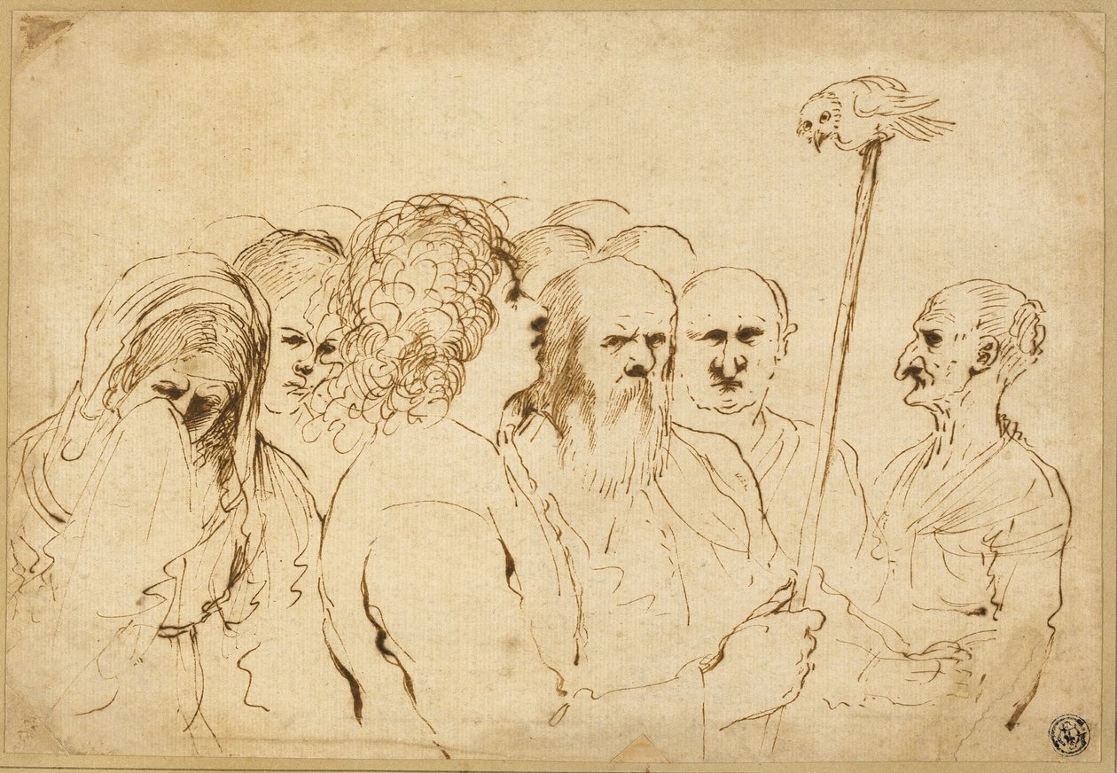 Gruppo di figure, con gufo su un palo da Guercino