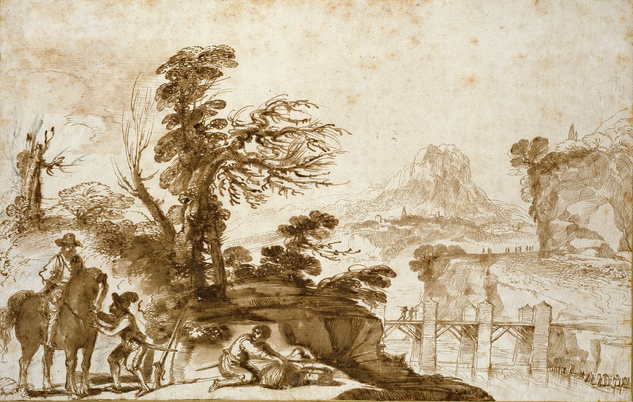 Paesaggio con cavaliere e ponte da Guercino