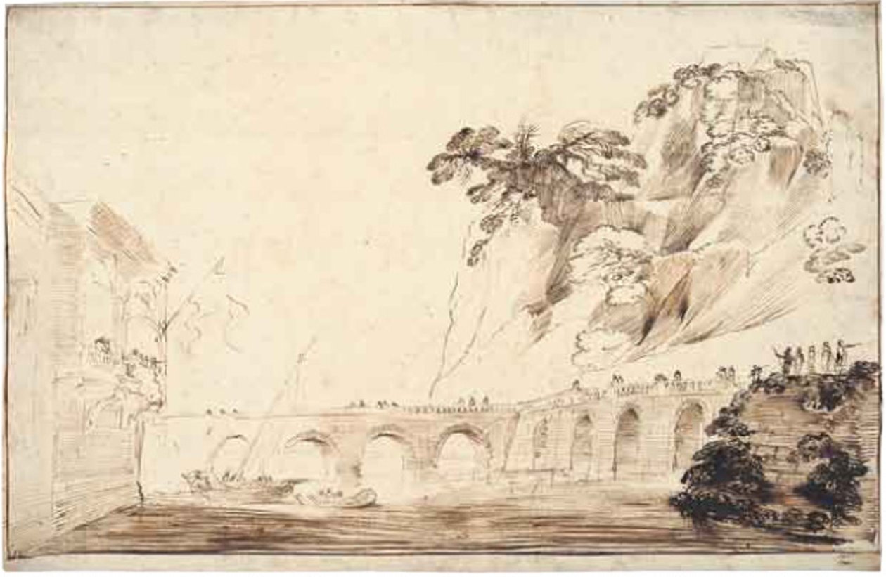 Paesaggio con un fiume attraversato da un ponte, fiancheggiato da spettatori, che conduce a un edificio con una loggia sporgente con un gruppo di osservatori da Guercino