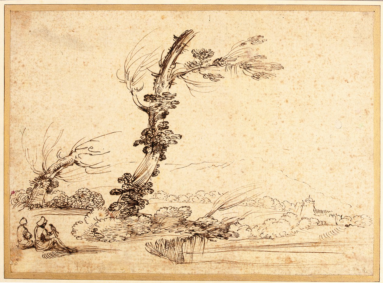Paesaggio con falconieri vicino a un albero da Guercino