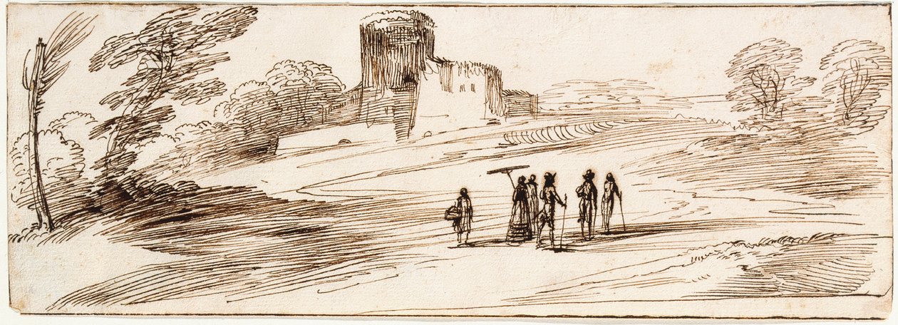 Paesaggio con castello e figure da Guercino