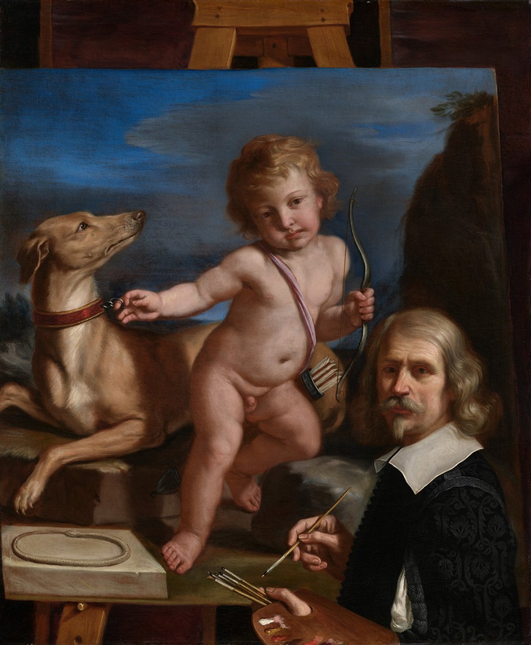 Autoritratto davanti a un dipinto intitolato “Amor Fedele” da Guercino