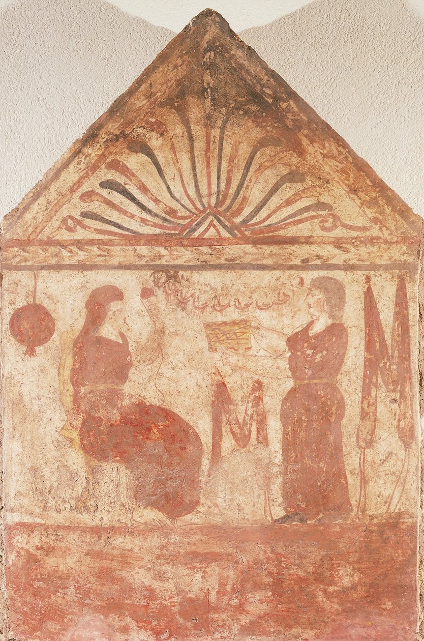 Lapide dipinta che mostra Donna seduta sul trono in atto di filare, da Andriuolo-Laghetto a Paestum, Campania, Italia da Guglielmo Bilancioni