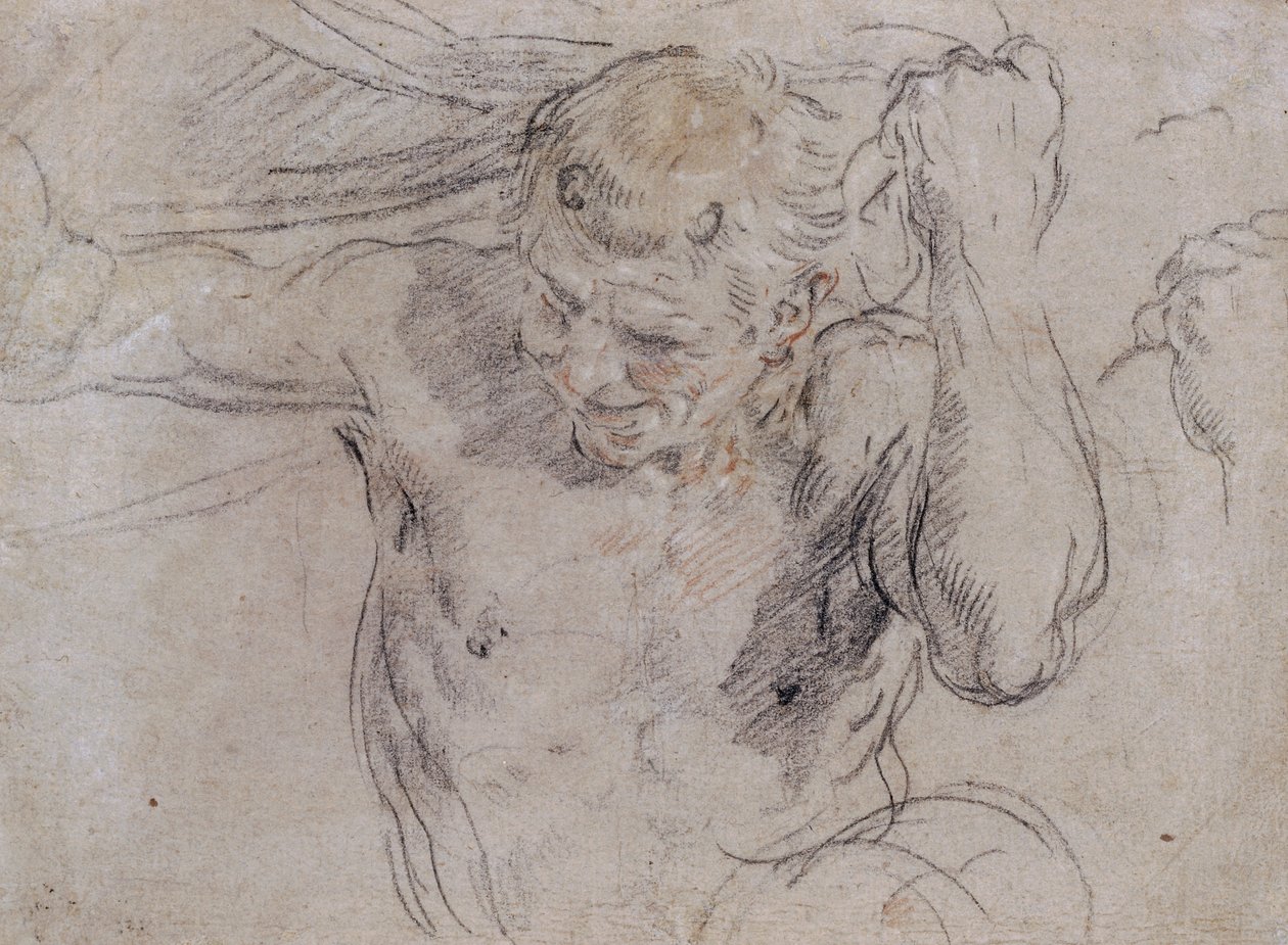 Un satiro che solleva un drappo, e uno studio sussidiario della sua mano sinistra da Guido Reni