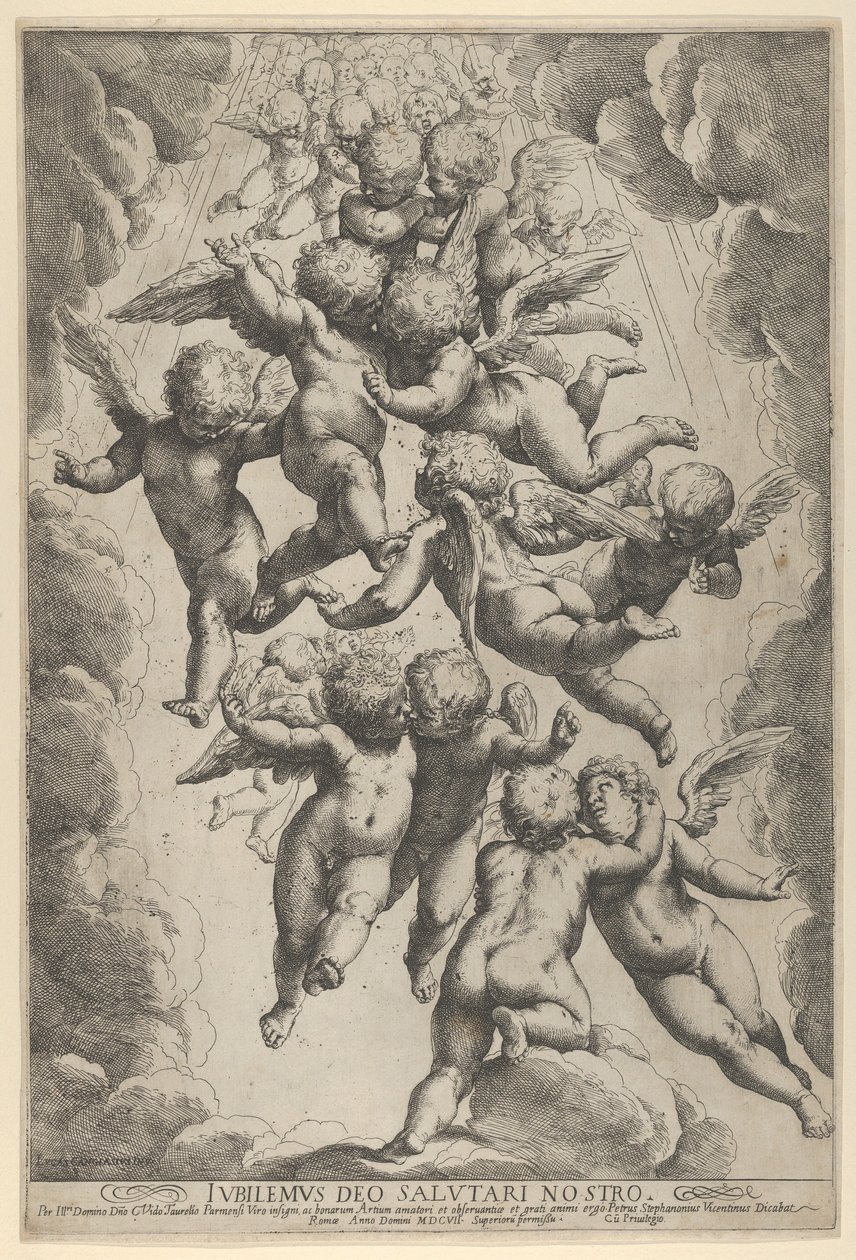 Un gruppo di angeli che si abbracciano in volo, incorniciati da nuvole da Guido Reni