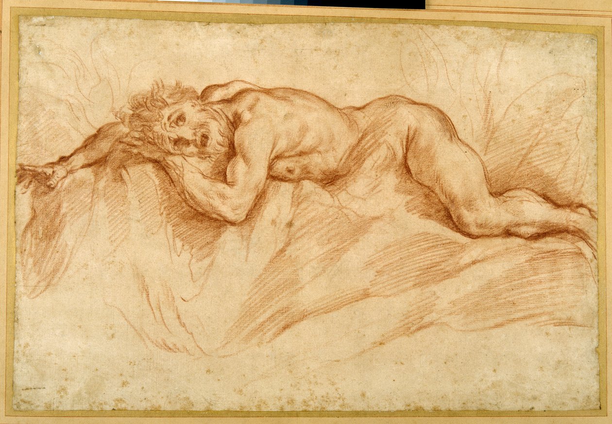 Un uomo nudo terrorizzato, disteso su un terreno roccioso da Guido Reni