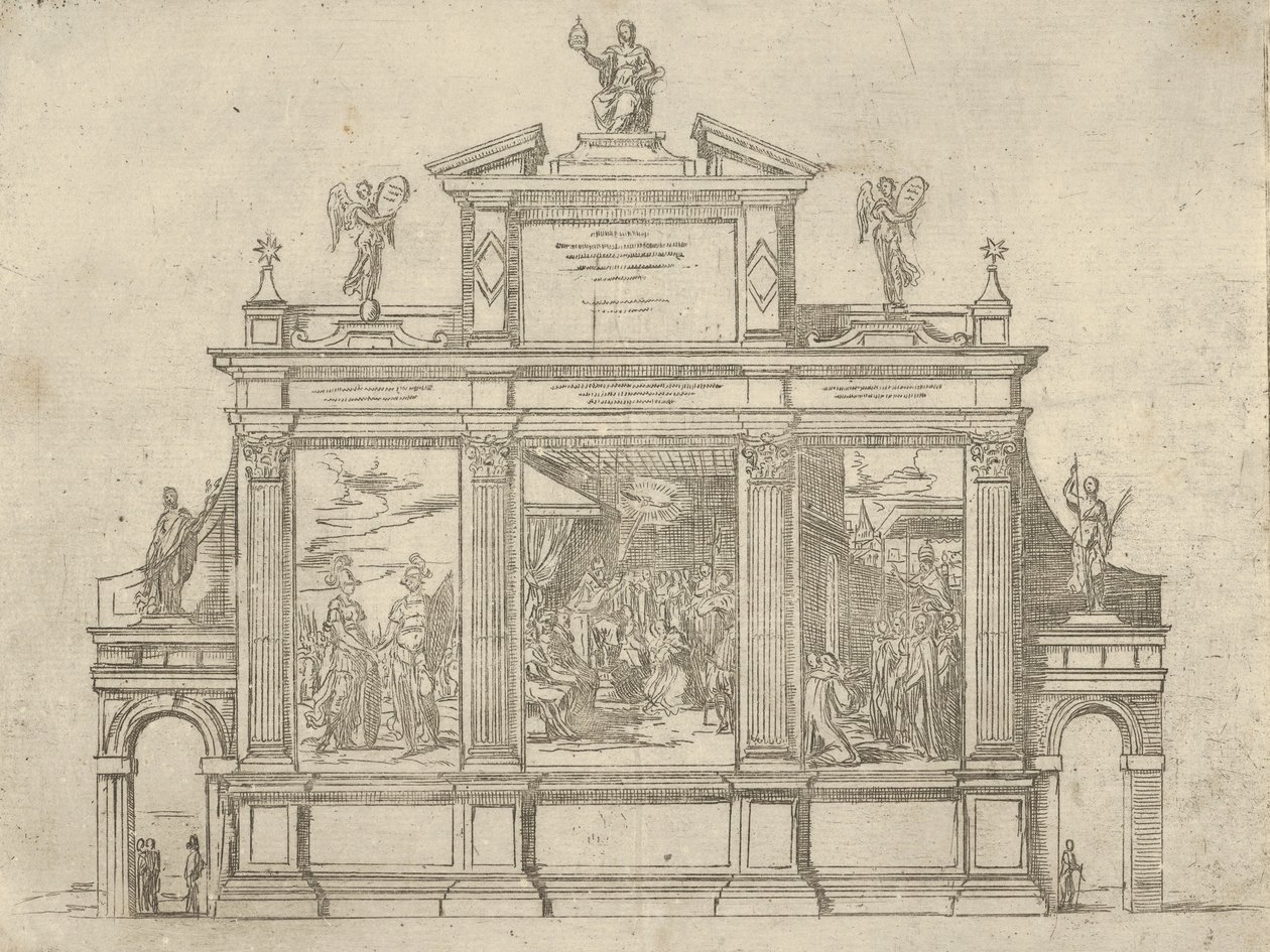 Facciata di un monumento trionfale con tre scene che raffigurano le gesta di Papa Clemente VIII, una decorazione temporanea da Guido Reni