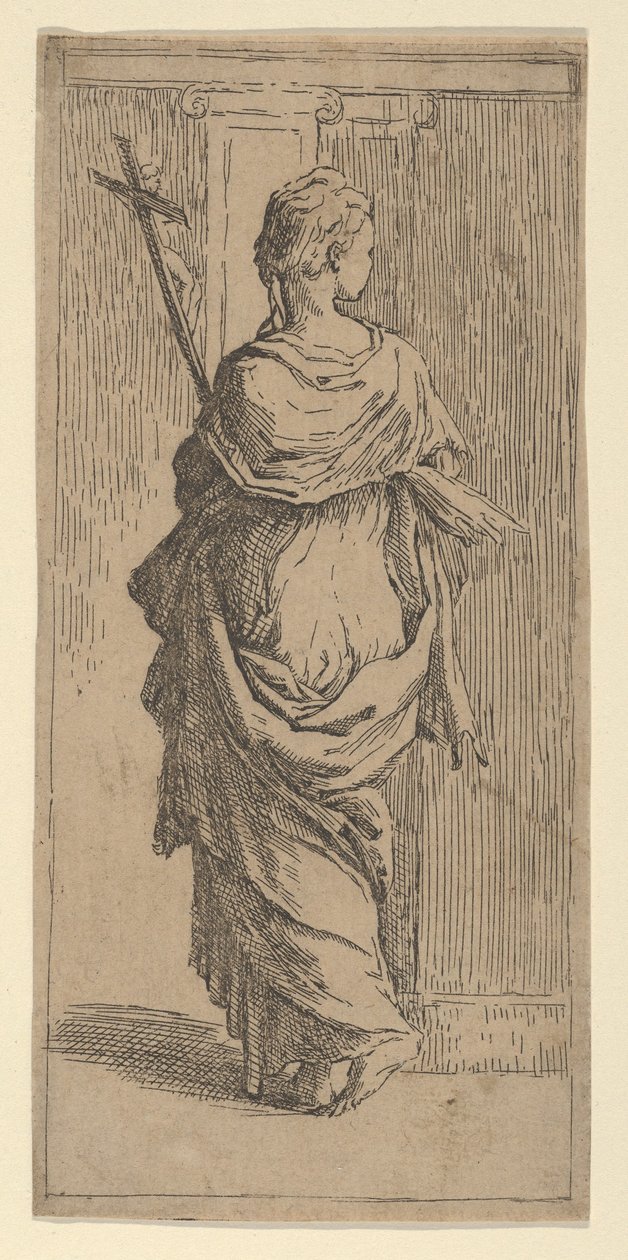 Ragazza che porta un crocifisso e si avvicina a un pilastro, vista da dietro da Guido Reni