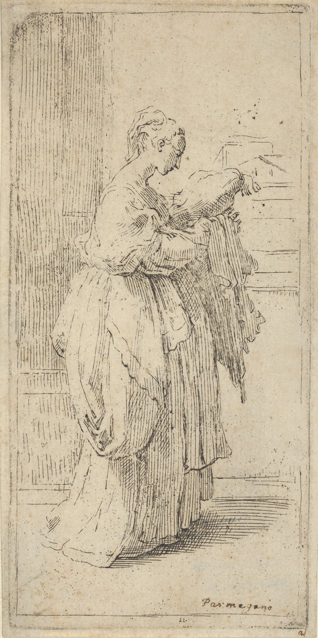 Ragazza che porta un cuscino, vista di profilo verso destra da Guido Reni