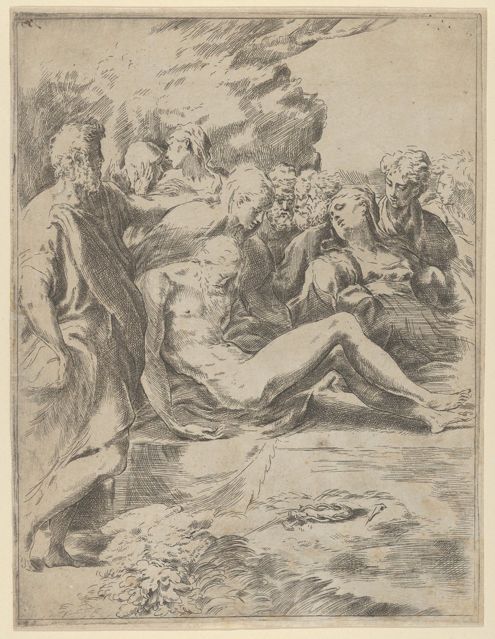 La sepoltura, Cristo con le gambe distese, la Vergine a destra da Guido Reni