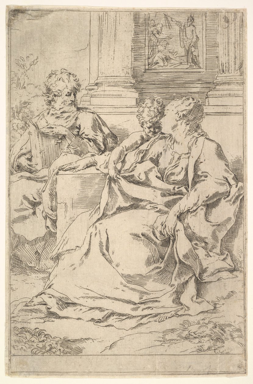 La Sacra Famiglia con scena scritturale sullo sfondo da Guido Reni