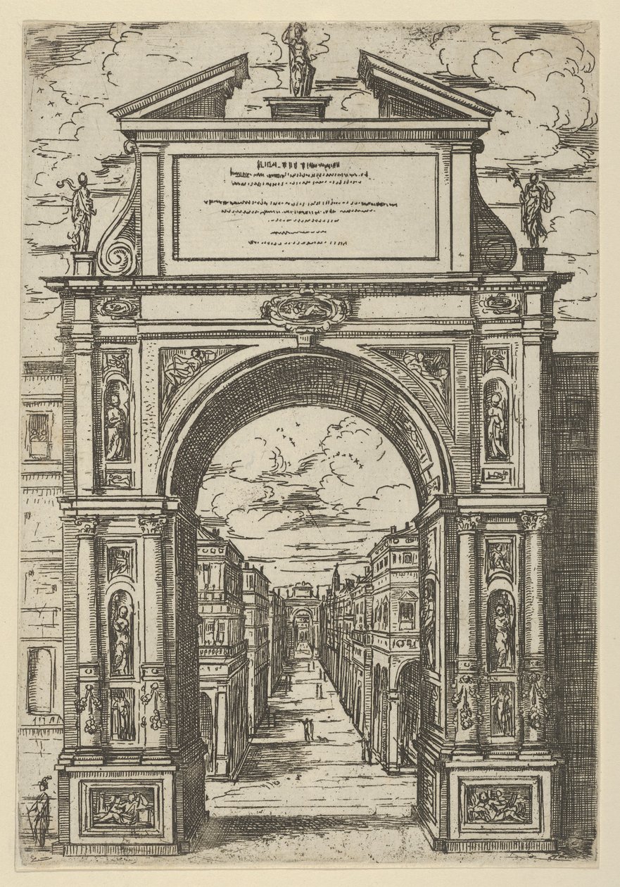 Arco di trionfo sormontato da una statua che rappresenta la città di Bologna, edifici visti attraverso da Guido Reni