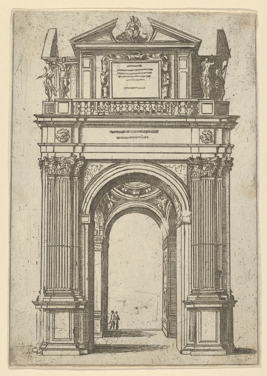 Arco trionfale sormontato da una donna seduta su un delfino, quattro figure in piedi sotto, un tempio da Guido Reni