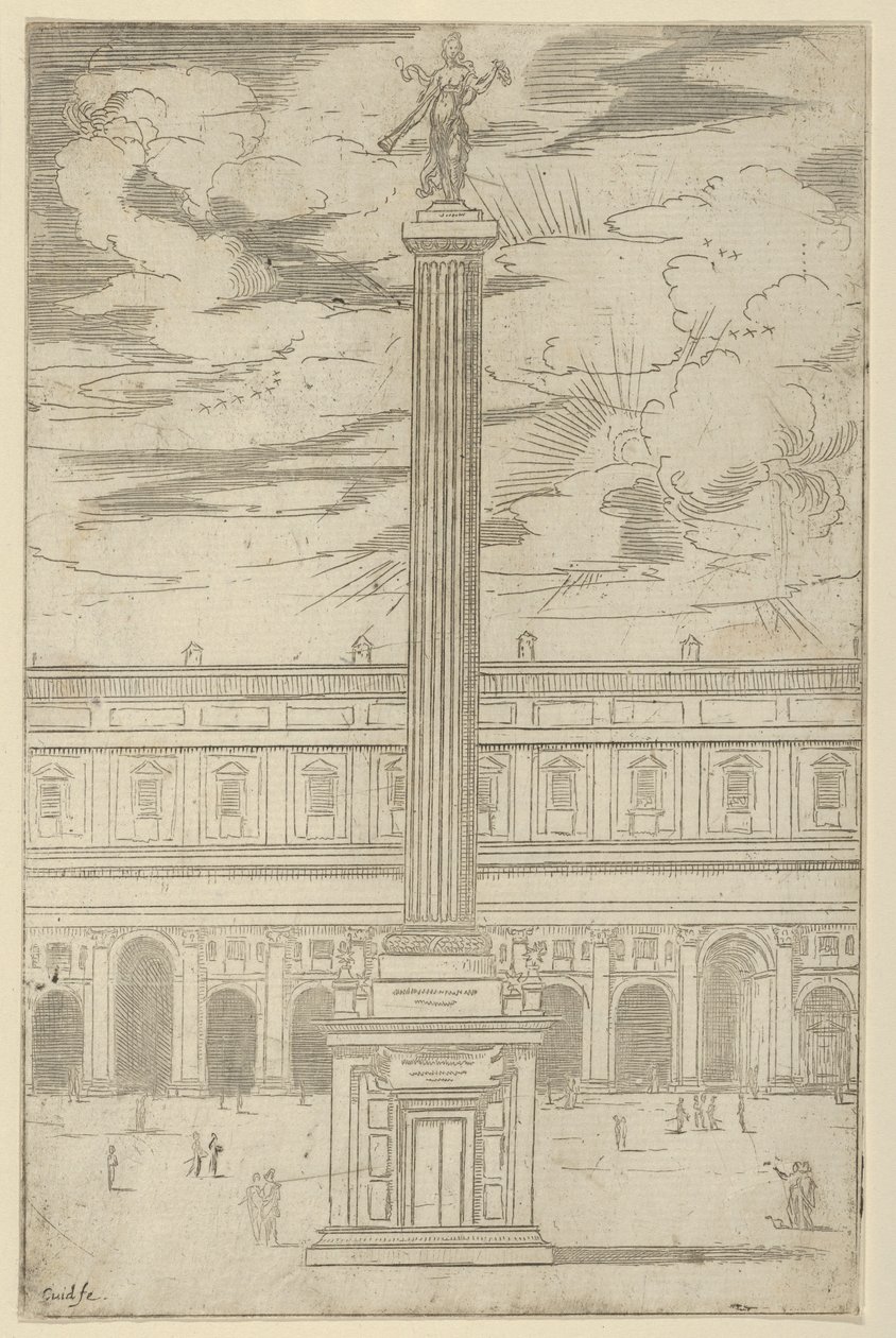 Colonna trionfale con figura femminile della Fama che tiene una tromba in cima, una decorazione temporanea, 1598 da Guido Reni