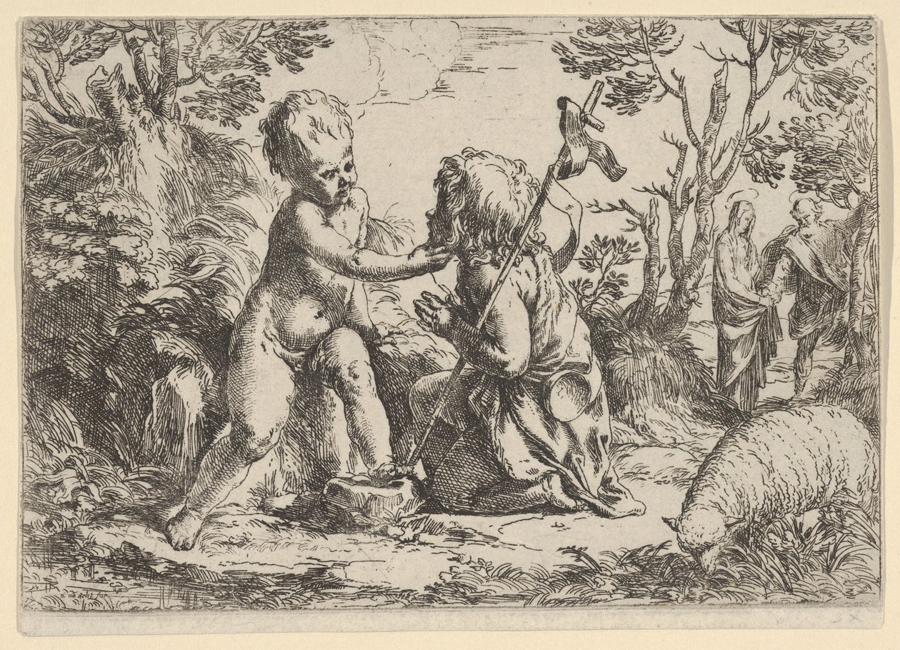 Giovane San Giovanni Battista inginocchiato davanti al Cristo bambino che accarezza il suo volto, ca. 1600-1640 da Guido Reni