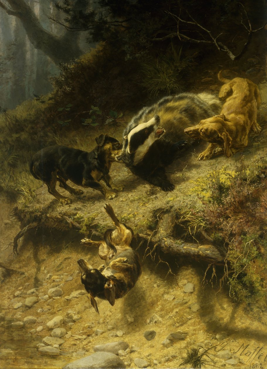 Bassotti su un tasso, 1882 da Guido von Maffei