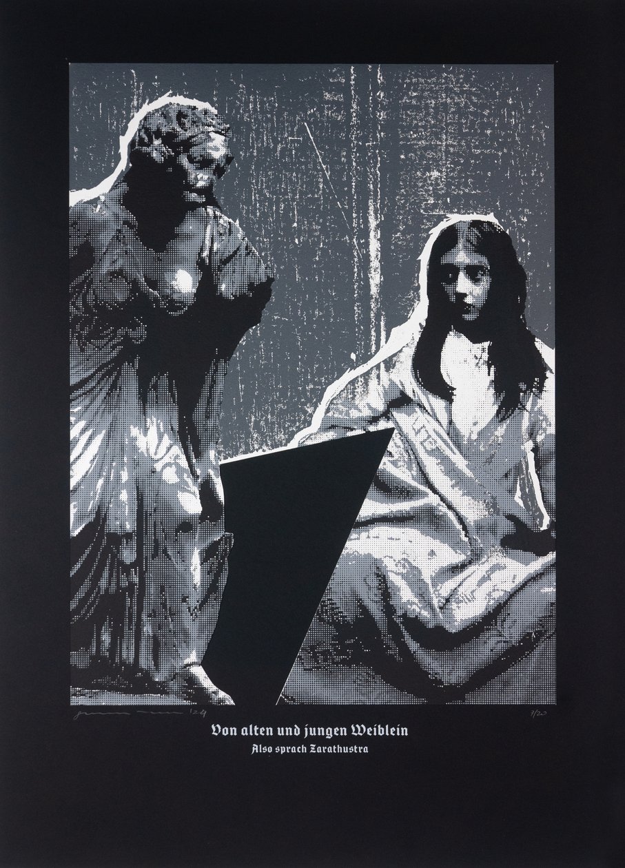 Sulle piccole donne anziane e giovani, Così parlò Zarathustra, 2024 (xilografia e serigrafia) da Guilherme Pontes