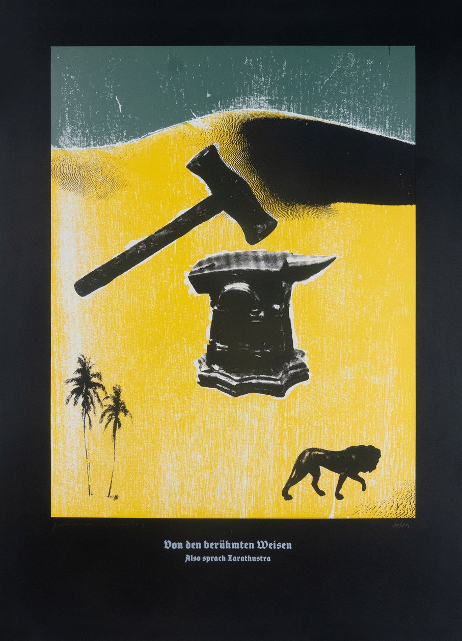 Su I famosi saggi, Così parlò Zarathustra, 2024 (xilografia e serigrafia) da Guilherme Pontes