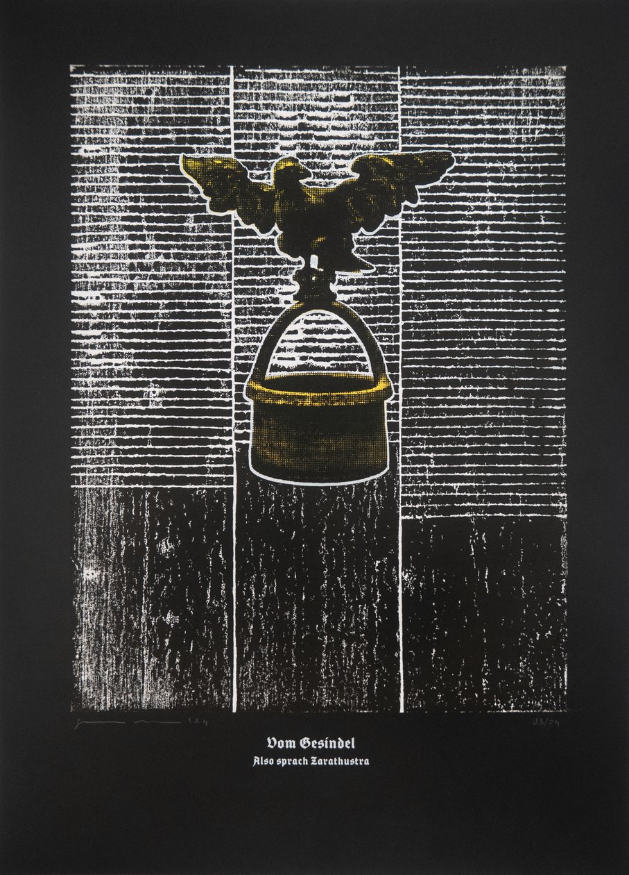 On The Rabble, Thus Spoke Zarathustra, 2024 (xilografia e serigrafia) da Guilherme Pontes