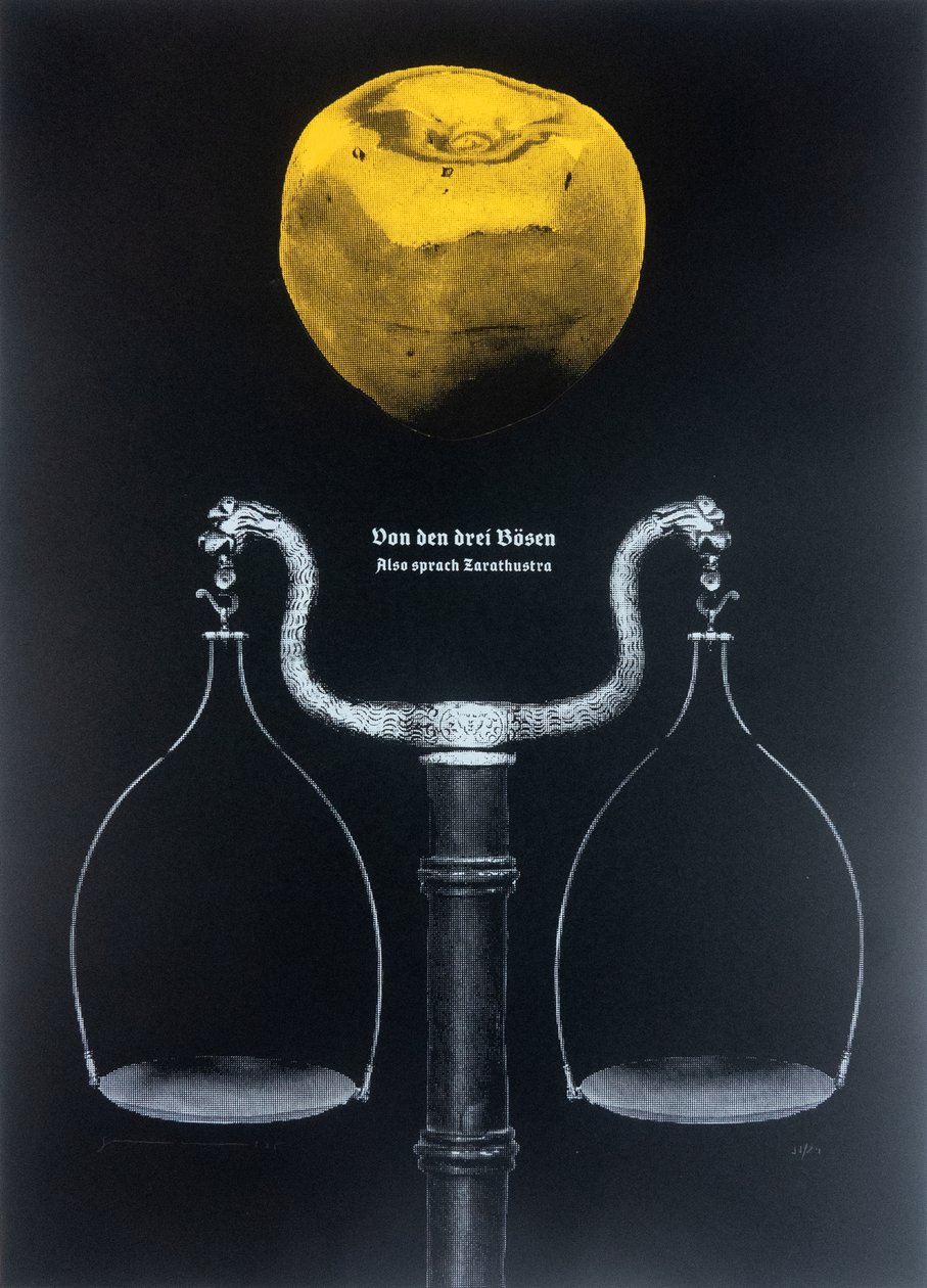 Sui tre mali, Così parlò Zarathustra, 2025 (xilografia e serigrafia) da Guilherme Pontes
