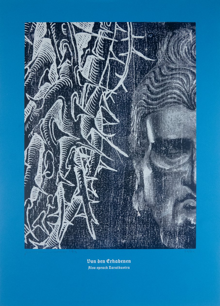 Su coloro che sono sublimi, Così parlò Zarathustra, 2024 (xilografia e serigrafia) da Guilherme Pontes