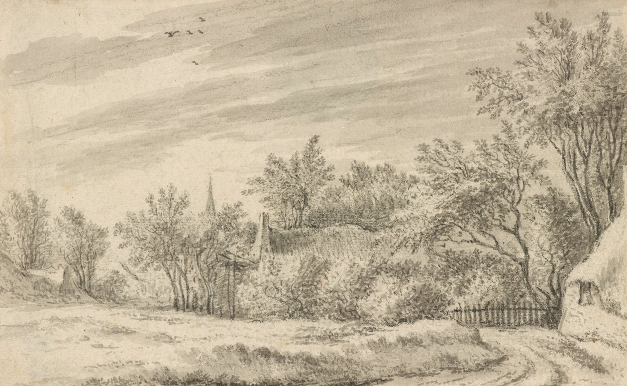 Il sentiero del villaggio con la guglia della chiesa in lontananza da Guillam Dubois