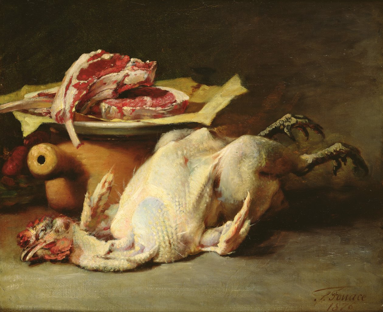 Natura morta con pollo e cotolette, 1876 da Guillaume Romain Fouace