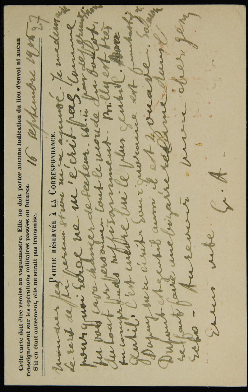 Cartolina autografa a Jean Mollet, datata 16 settembre 1915 da Guillaume Apollinaire