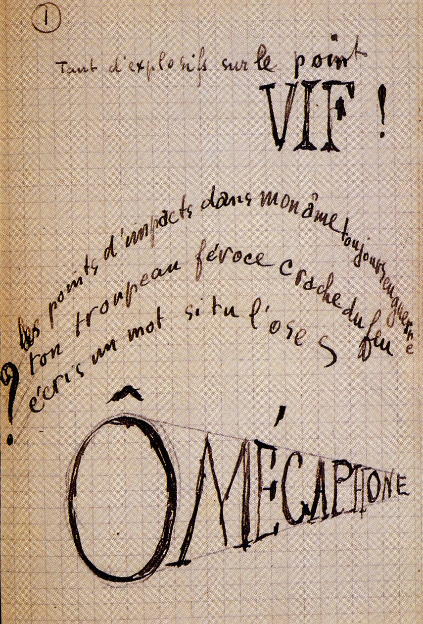 Calligramma di Guillaume Apollinaire - in "Du coton dans les oreilles", manoscritto autografo di 17 foglie da Guillaume Apollinaire