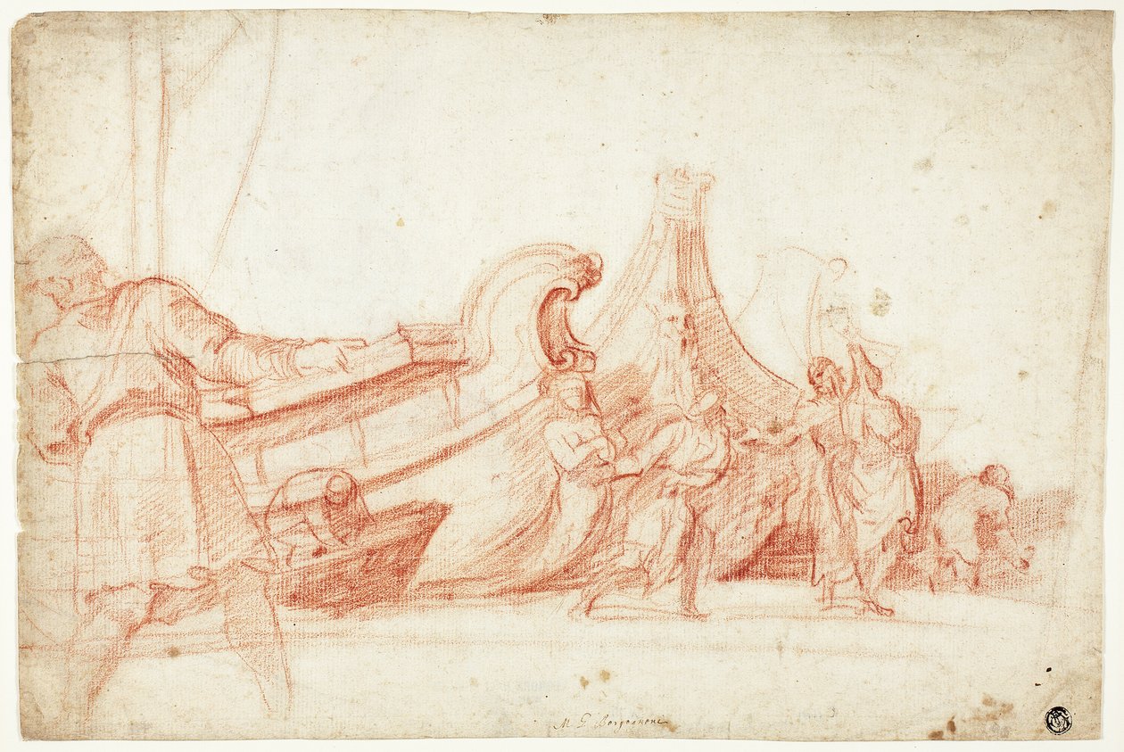 Scena di banchina (recto); due schizzi di figure maschili (verso) da Guillaume Courtois